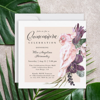 Boho Tropical Pink Parrot Floral Quinceanera Invitation by DancingPelican at Zazzle