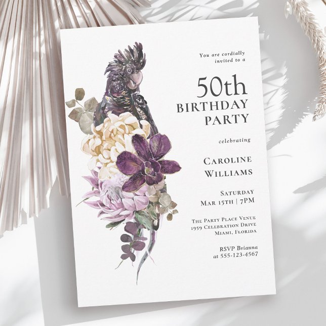 Boho Tropical Purple Parrot 50th Birthday Invitation (Available in both printed and paperless instant download formats.)