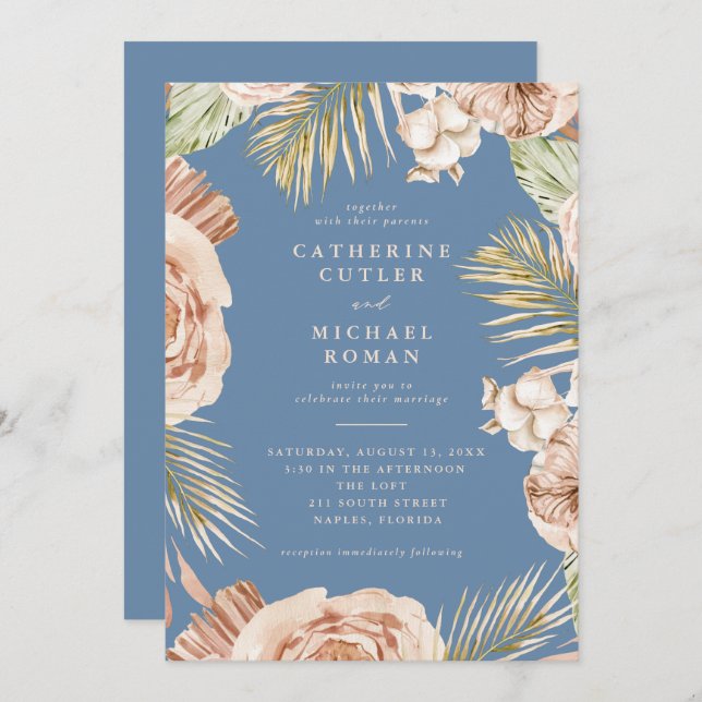Boho Tropical Roses Dusty Blue Wedding Invitation (Front/Back)