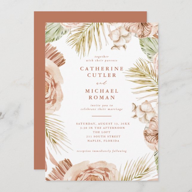 Boho Tropical Roses Wedding Invitation (Front/Back)