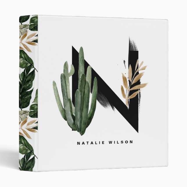Boho Tropical Succulents Letter H Monogram 3 Ring Binder (Front/Spine)