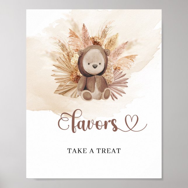 Boho tropical teddy bear dried palm pampas favors poster (Front)