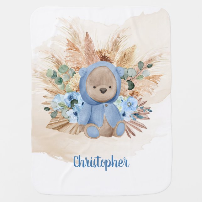 Boho tropical teddy bear pampas grass eucalyptus b baby blanket (Front)