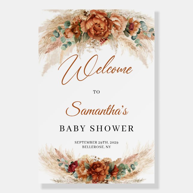 Boho tropical terracotta floral pampas baby shower foam board (Front)