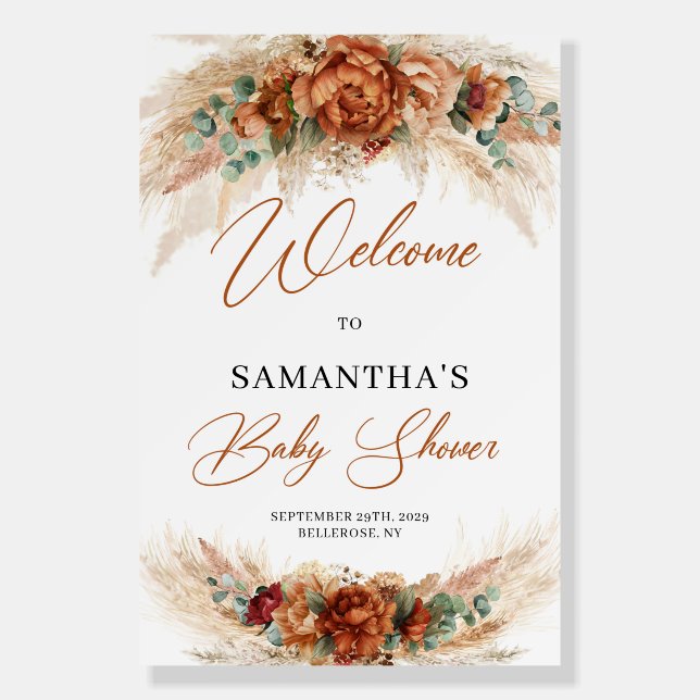 Boho tropical terracotta floral pampas baby shower foam board (Front)
