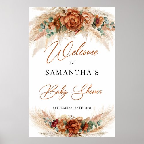 Boho tropical terracotta floral pampas baby shower poster