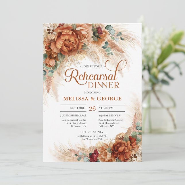 Boho tropical terracotta floral pampas eucalyptus invitation (Standing Front)