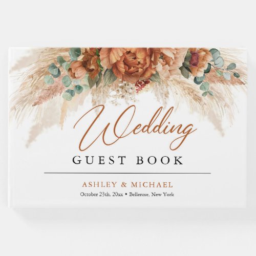 Boho tropical terracotta floral pampas wedding guest book