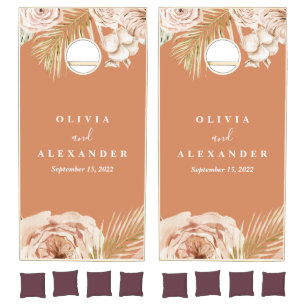 Boho Tropical Terracotta Pampas and Palm Wedding Cornhole Set