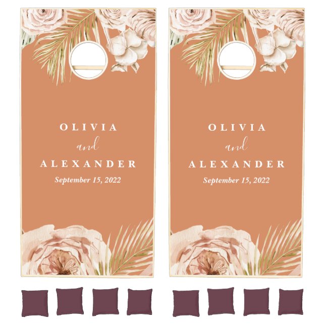 Boho Tropical Terracotta Pampas and Palm Wedding Cornhole Set (Set)