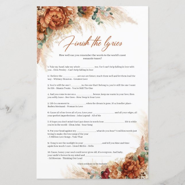 Boho tropical terracotta pampas Finish the Lyric (Front)