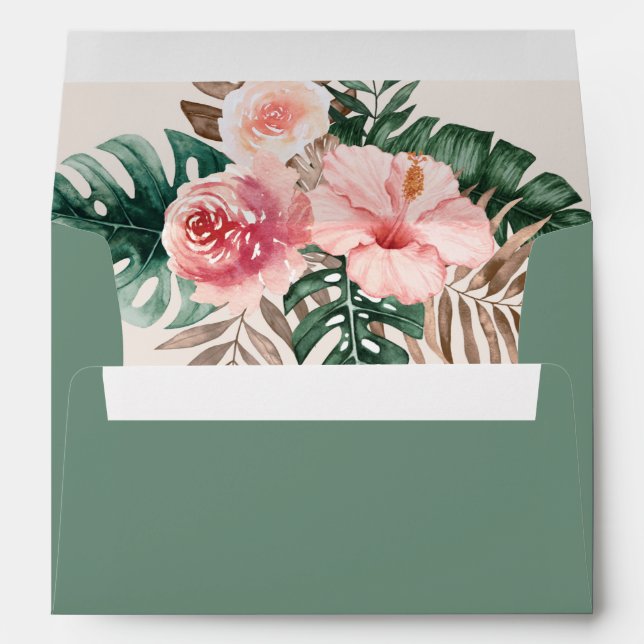 Boho Tropical Watercolor Leaves Green Wedding Envelope (Back (Bottom))