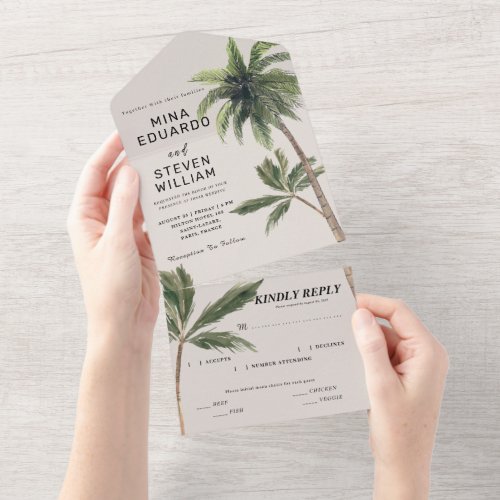 boho tropical watercolor palm beach wedding  all in one invitation