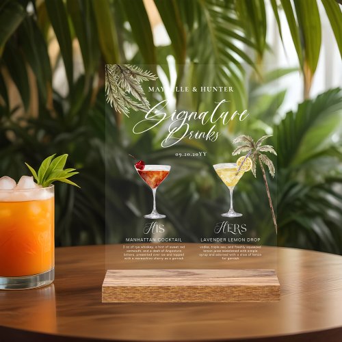 Boho Tropical Watercolor Signature Drinks Wedding Acrylic Sign