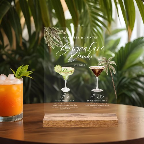 Boho Tropical Watercolor Signature Drinks Wedding Acrylic Sign