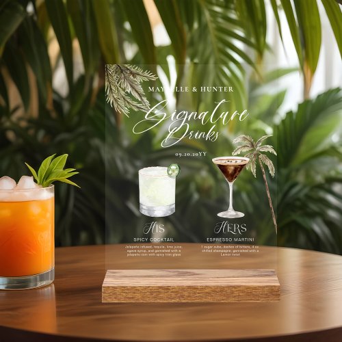 Boho Tropical Watercolor Signature Drinks Wedding Acrylic Sign