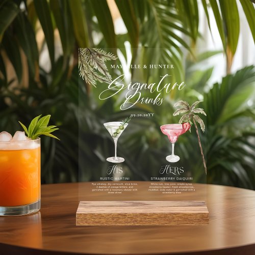 Boho Tropical Watercolor Signature Drinks Wedding Acrylic Sign