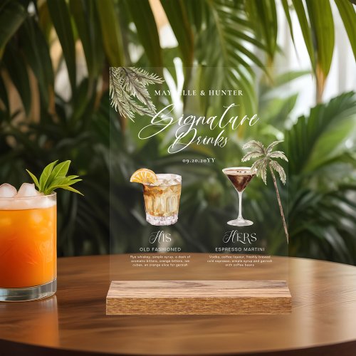 Boho Tropical Watercolor Signature Drinks Wedding  Acrylic Sign