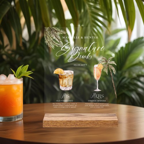 Boho Tropical Watercolor Signature Drinks Wedding Acrylic Sign