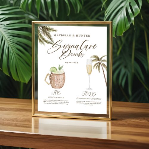 Boho Tropical Watercolor Signature Drinks Wedding Poster