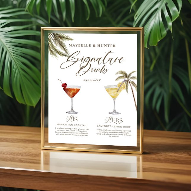 Boho Tropical Watercolor Signature Drinks Wedding  Poster (Boho Tropical Watercolor Signature Drinks Wedding Poster)