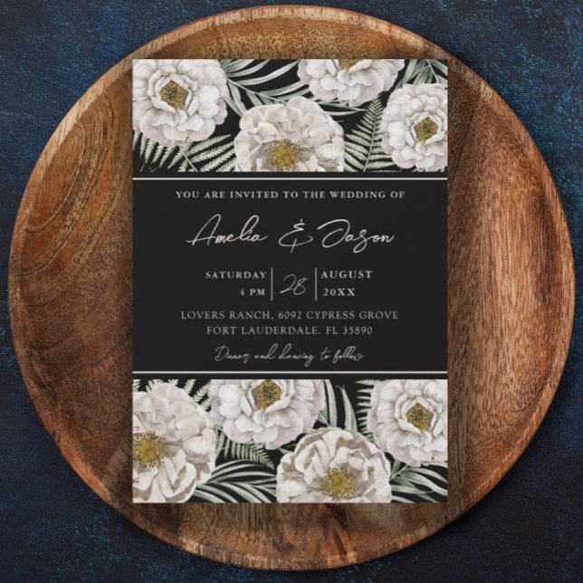 Boho Tropical White Floral & Black Wedding  Invitation (Creator Uploaded)