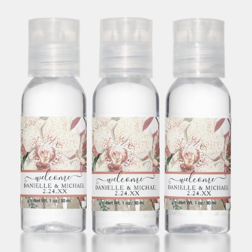 Boho Tropical White Orchid Palm Foliage Wedding Hand Sanitizer