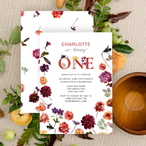 Boho Turning One 1st Birthday Floral Watercolor Invitation