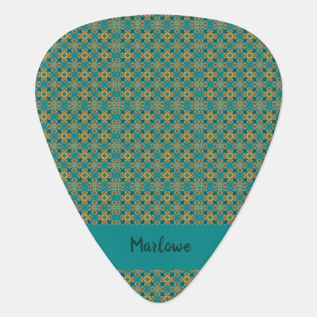 Boho Turquoise and Gold Moroccan Tile Guitar Pick (Front)