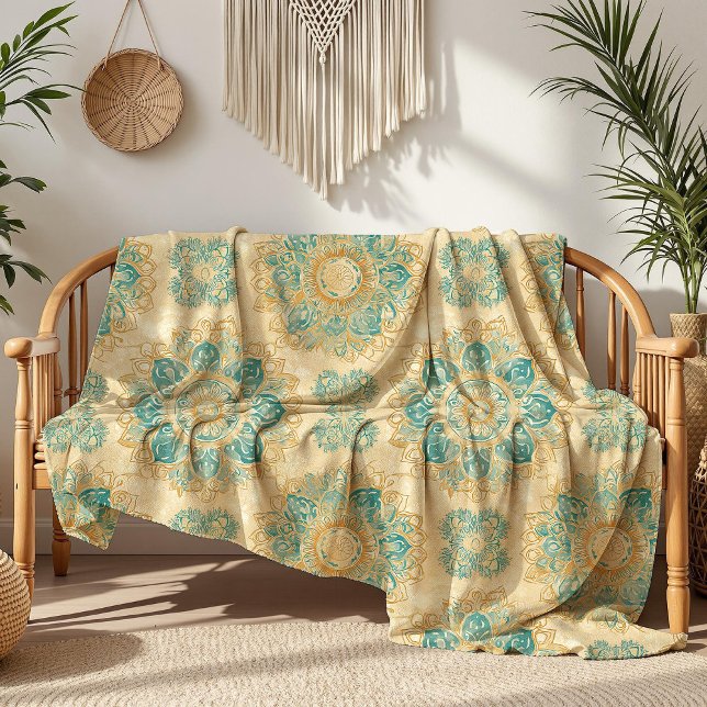 Boho Turquoise and Sand Beige Mandala Fleece Blanket (Boho Turquoise and Sand Beige Mandala Fleece Blanket on a boho rattan sofa nex to house plants)