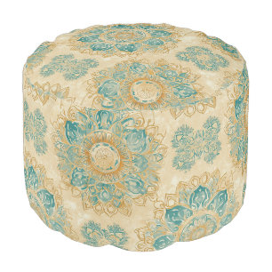 Boho Turquoise and Sand Beige Mandala Pouf
