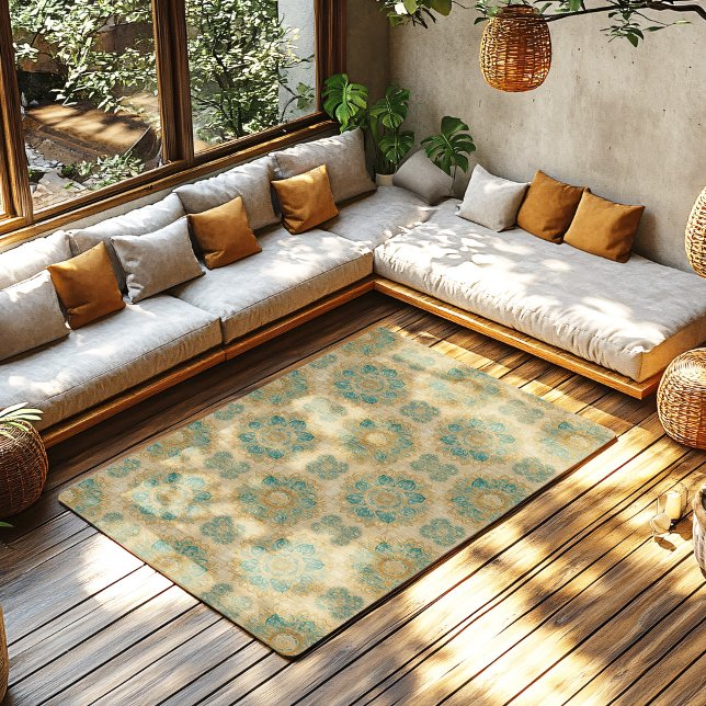 Boho Turquoise and Sand Beige Mandala Rug (Boho Turquoise and Sand Beige Mandala Rug in a boho terracotta living room on a wooden floor.)