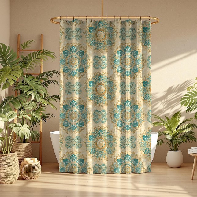 Boho Turquoise and Sand Beige Mandala Shower Curtain (Boho Turquoise and Sand Beige Mandala Shower Curtain in a boho bathroom with house plants.)
