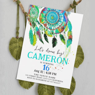 Boho Turquoise Dream Catcher Birthday Watercolor Invitation
