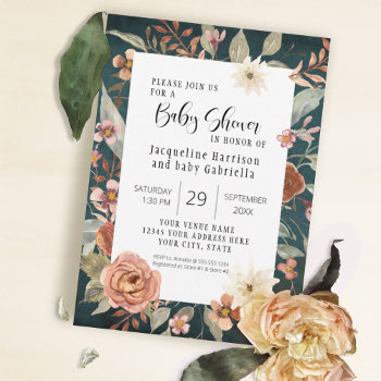 Boho Turquoise Fall Autumn Floral Girl Baby Shower Invitation by LuxuryWeddings at Zazzle