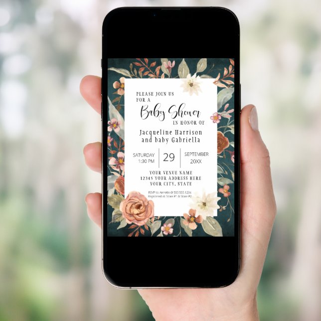 BOHO Turquoise Fall Autumn Floral Girl Baby Shower Invitation (Front Digital)