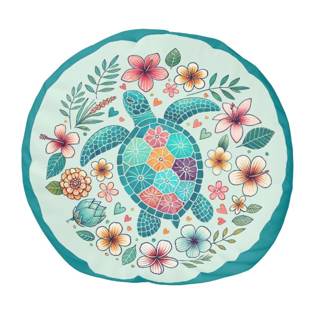 Boho Turquoise Floral Sea Turtle - Coastal Pouf (Top)