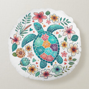 Boho Turquoise Floral Sea Turtle - Coastal Round Pillow