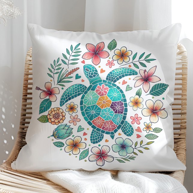 Boho Turquoise Floral Sea Turtle - Coastal  Throw Pillow (Boho Turquoise Floral Sea Turtle - Coastal Throw Pillow on a sunny boho rattan chair.)