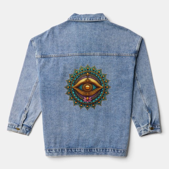 Boho Turquoise Gold Mandala Third Eye Wearable Art Denim Jacket (Back)