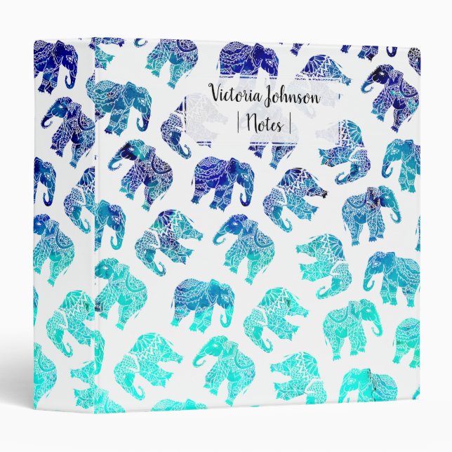 Boho turquoise mandala watercolor elephants 3 ring binder (Front/Spine)