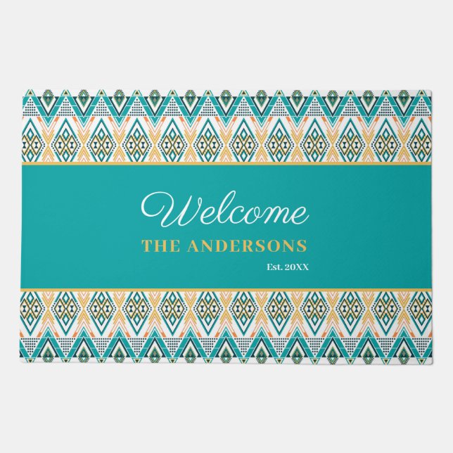 Boho Turquoise Mustard Ethnic Abstract Custom Doormat (Front)