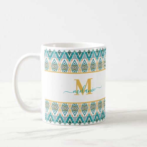 Boho Turquoise Mustard Ethnic Abstract Monogram Coffee Mug