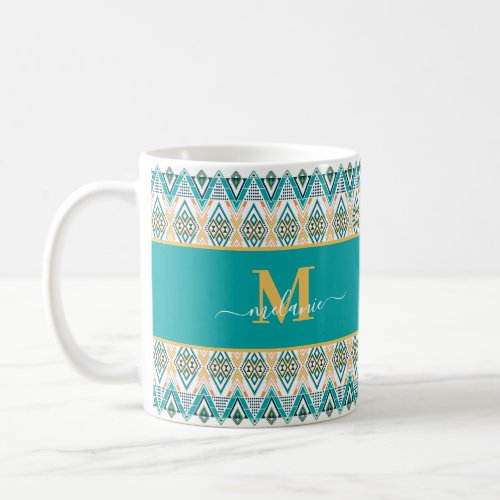Boho Turquoise Mustard Ethnic Abstract Monogram Coffee Mug