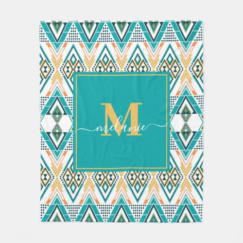 Boho Turquoise Mustard Ethnic Abstract Monogram Fleece Blanket