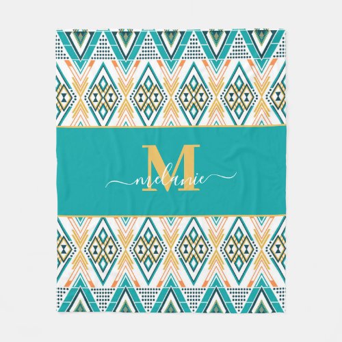 Boho Turquoise Mustard Ethnic Abstract Monogram Fleece Blanket