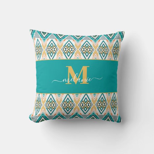 Boho Turquoise Mustard Ethnic Abstract Monogram Throw Pillow