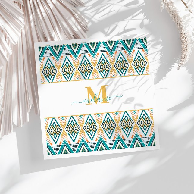 Boho Turquoise Mustard Tribal Diamond Monogram Napkins (Boho Turquoise Mustard Tribal Diamond Monogram Napkins on a sunny white table.)