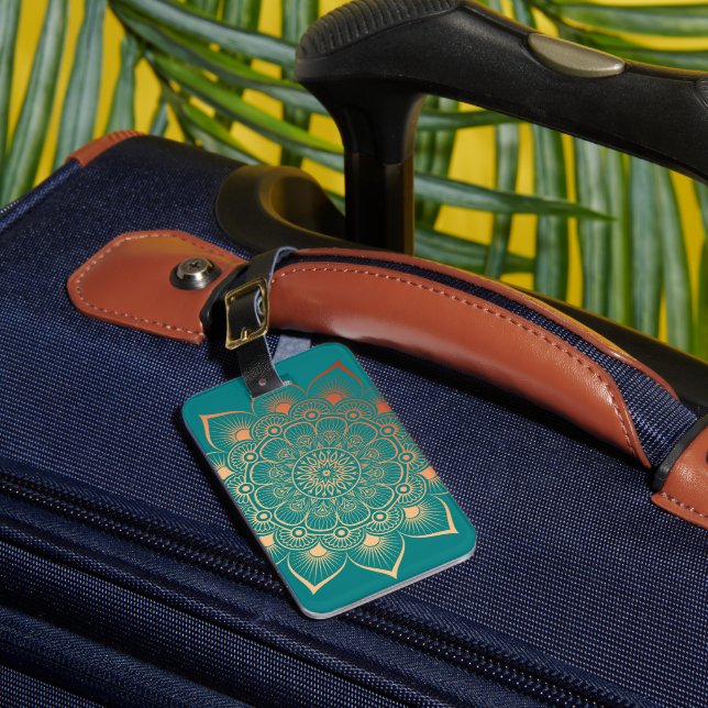 Boho Turquoise Peach Mandala Luggage Tag (Front Insitu 1)