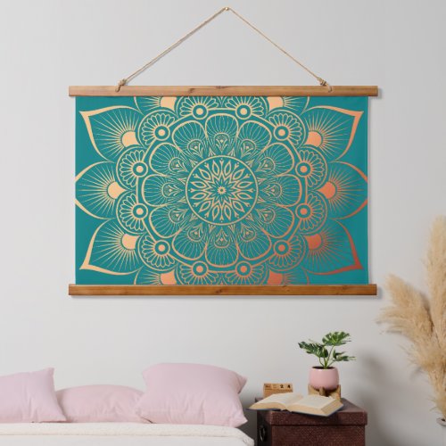 Boho Turquoise Peach Mandala Wood Topped Hanging Tapestry